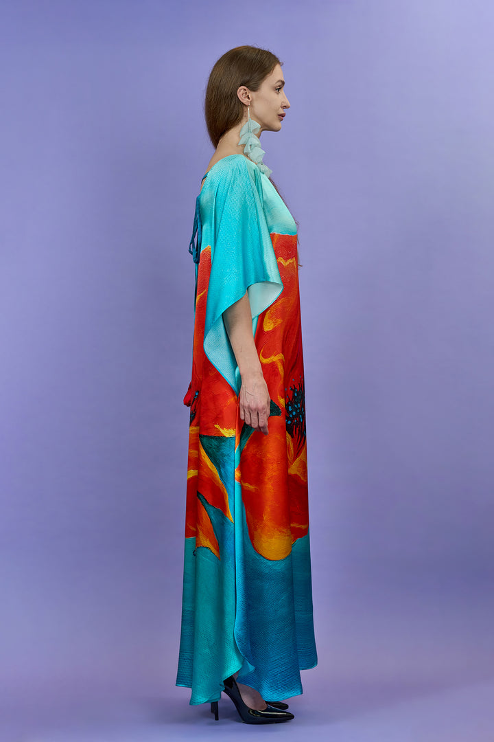 RED POPPY 100% Silk Maxi Caftan Art-A-Porte Style by Alesia Chaika AlesiaC.com