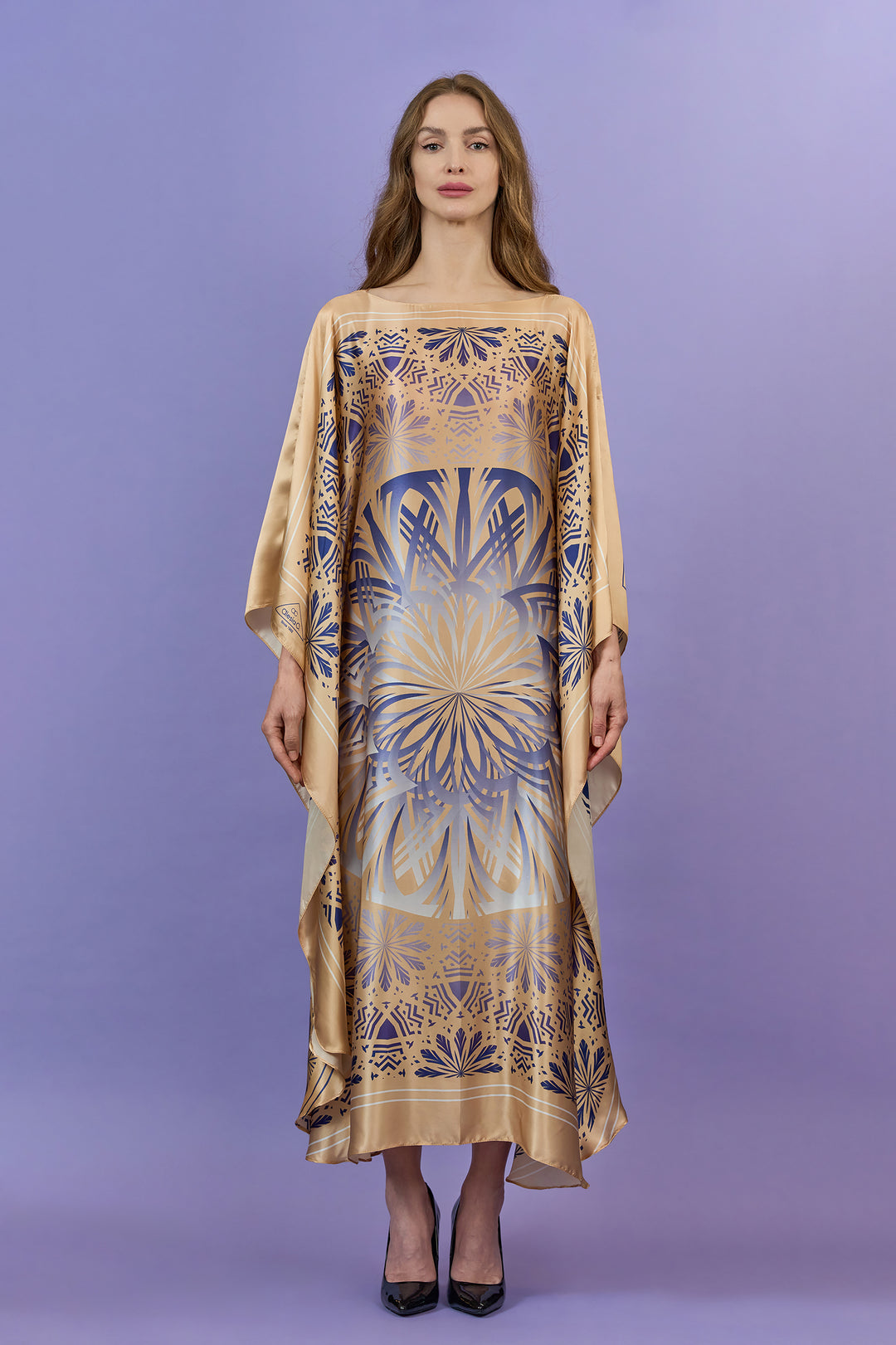 Designer Alesia C. SERENITY 100% silk charmeuse maxi caftan dress in a navy blue and gold, front. AlesiaC.com