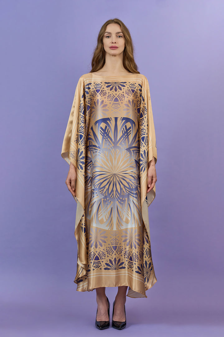Designer Alesia C. SERENITY 100% silk charmeuse maxi caftan dress in a navy blue and gold, front. AlesiaC.com