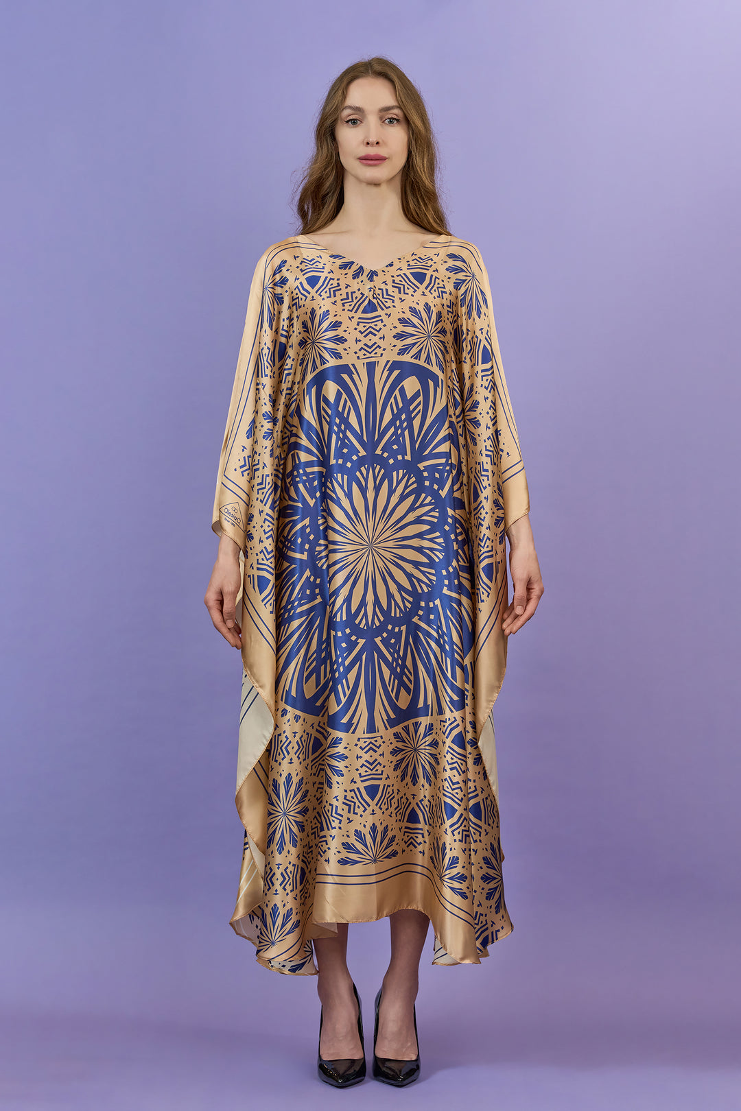Designer Alesia C. SERENITY 100% silk charmeuse maxi caftan dress in a navy blue and gold, front. AlesiaC.com