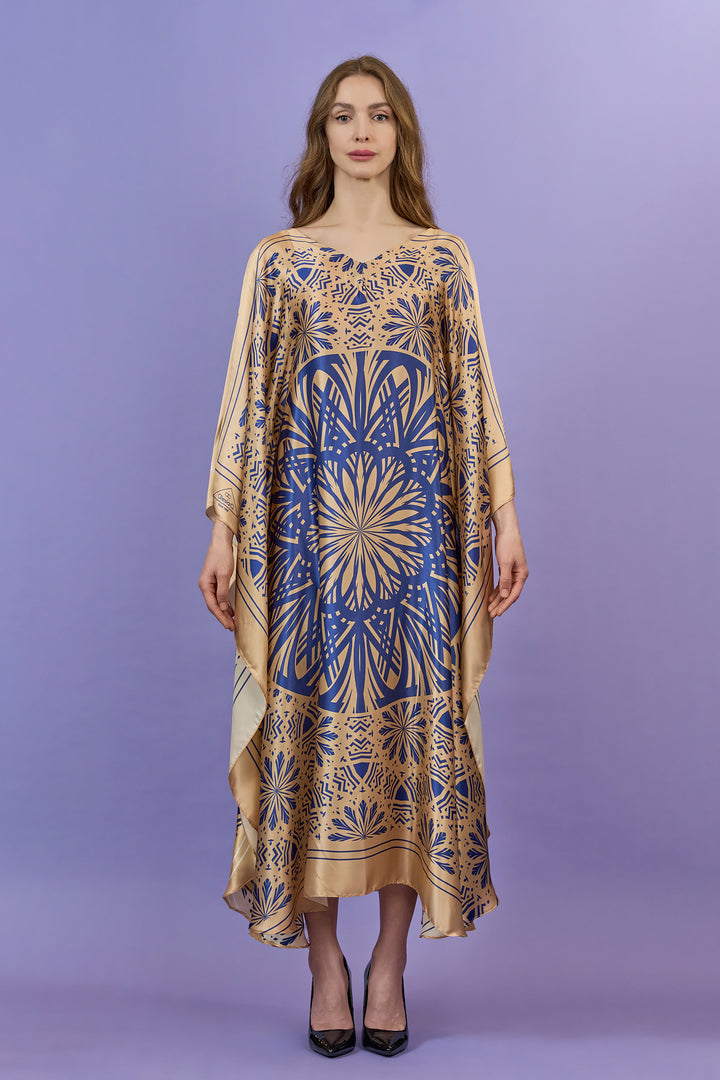 Designer Alesia C. SERENITY 100% silk charmeuse maxi caftan dress in a navy blue and gold, front. AlesiaC.com