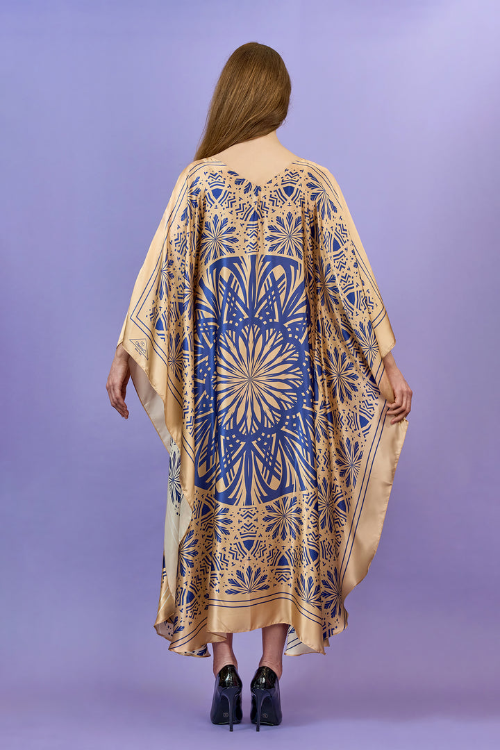 Designer Alesia C. SERENITY 100% Silk Charmeuse Maxi Caftan Dress in a Navy Blue and Gold, Back. AlesiaC.com