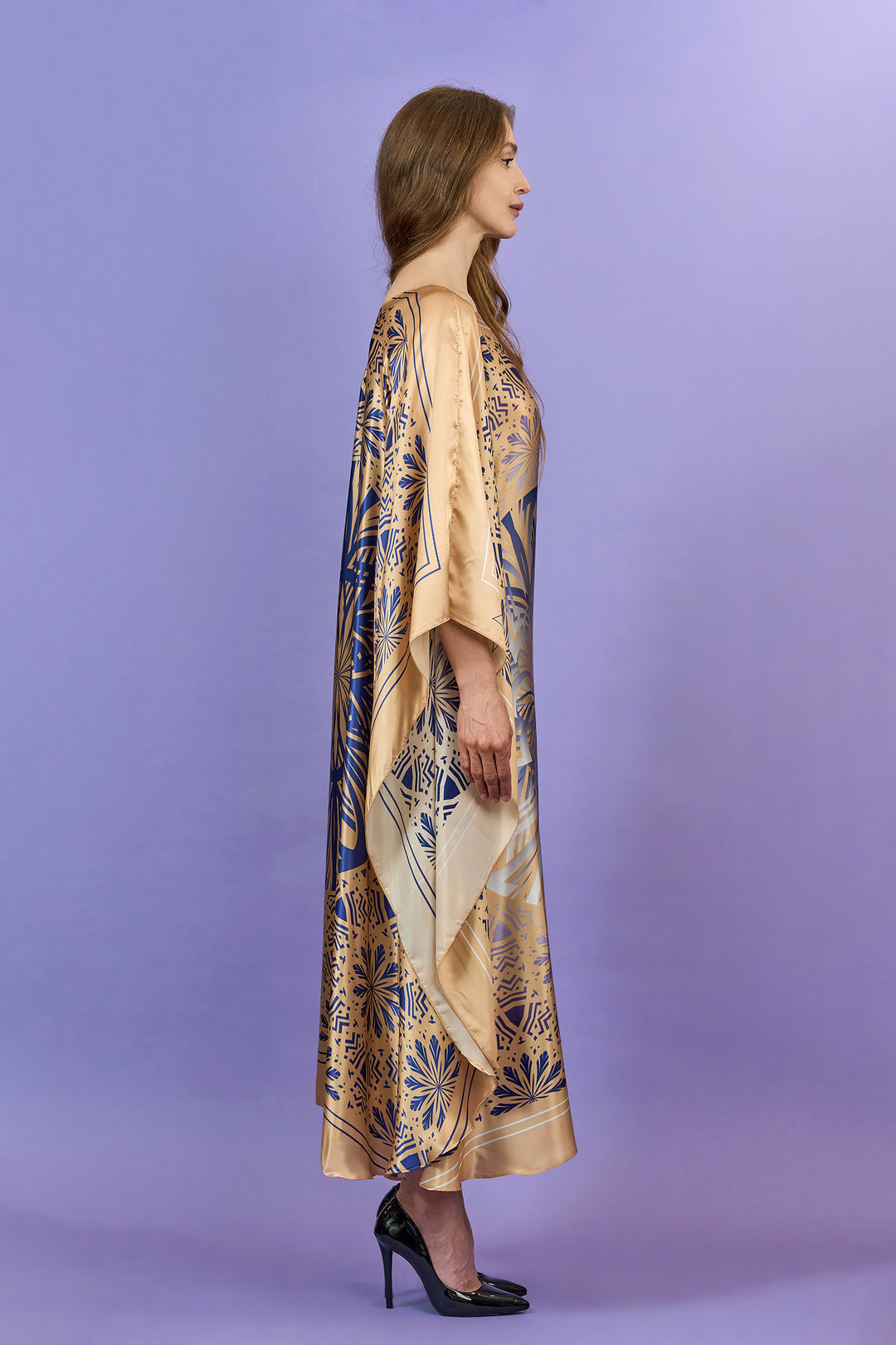 Designer Alesia C. SERENITY 100% Silk Charmeuse Maxi Caftan Dress in a Navy Blue and Gold, Side. AlesiaC.com
