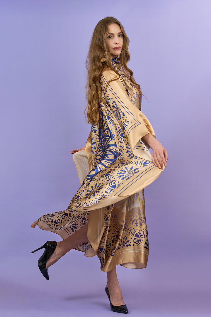 Designer Alesia C. SERENITY 100% Silk Charmeuse Maxi Caftan Dress in a Navy Blue and Gold, Style. AlesiaC.com