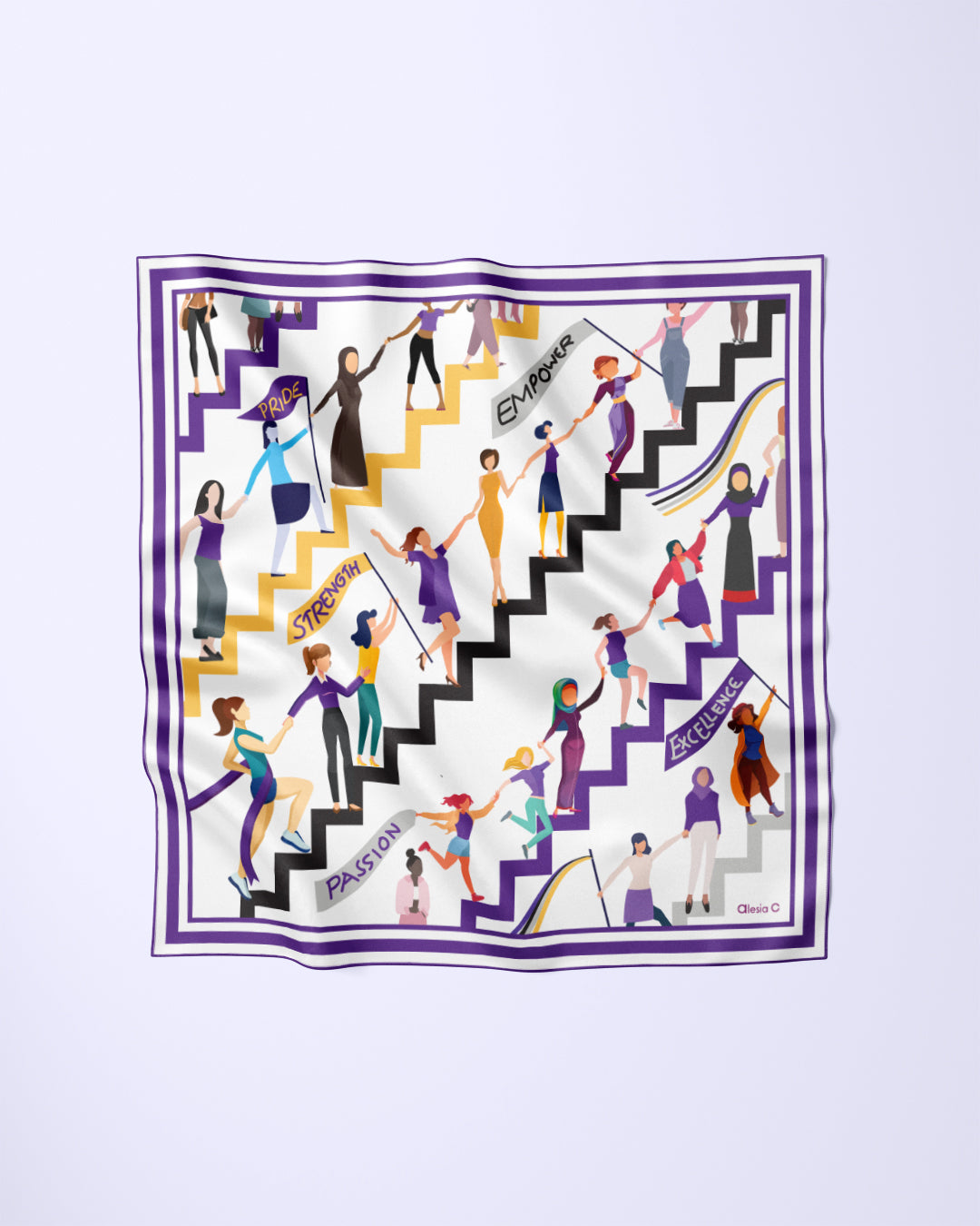 EMPOWER Women Support Women Silk Scarf with Purple Border by Alesia Chaika