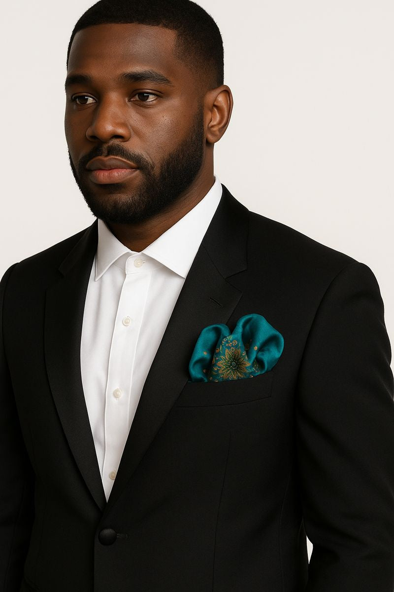 Emerald Green Gold Mandala Luxury Designer Art Silk Pocket Square by Chicago-Based Artist and Fashion Designer Alesia Chaika. AlesiaC. Art-A-Porte Collection. AlesiaC.com