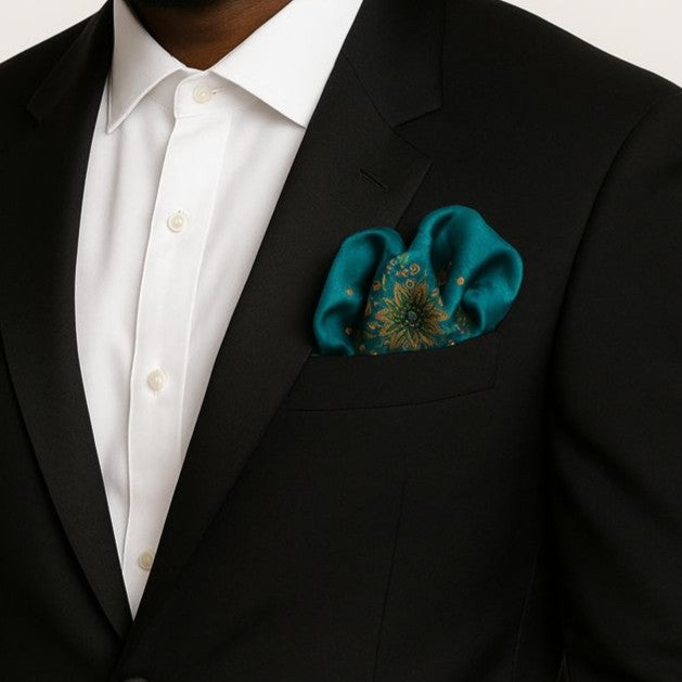 EMERALD ASCENSION Gold Emerald Green Silk Pocket Square 12"×12" Alesia C. Art-A-Porte Collection