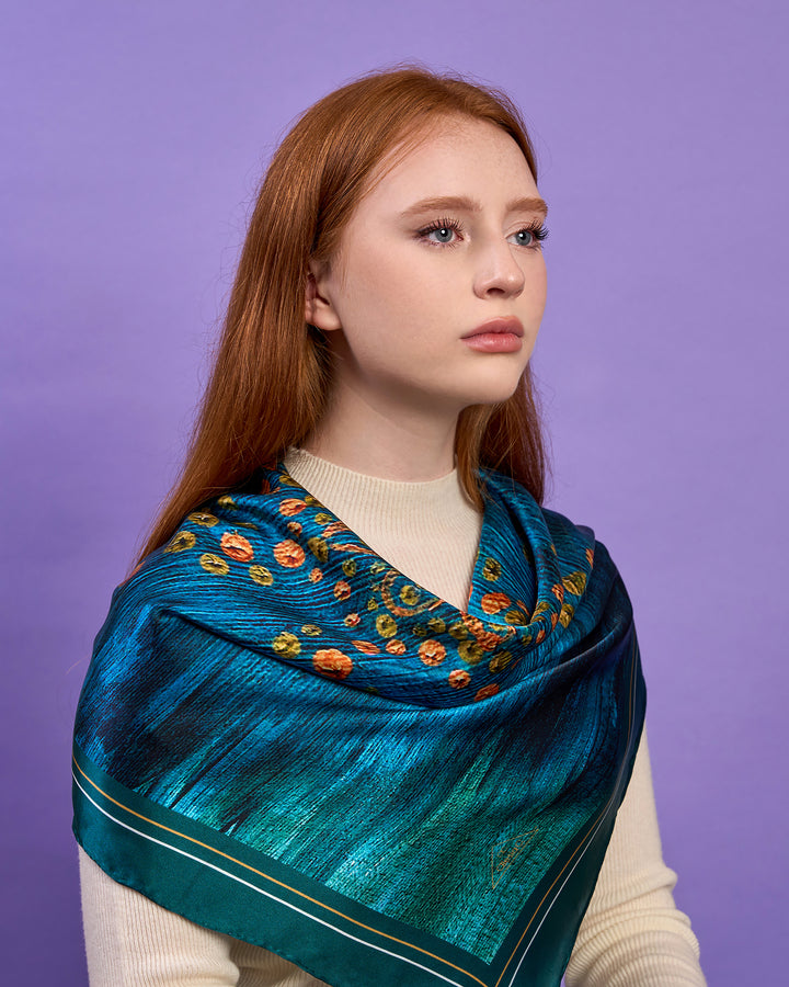 Designer Emerald Green and Gold Luxury 100% Silk Scarf by Alesia Chaika AlesiaC.com