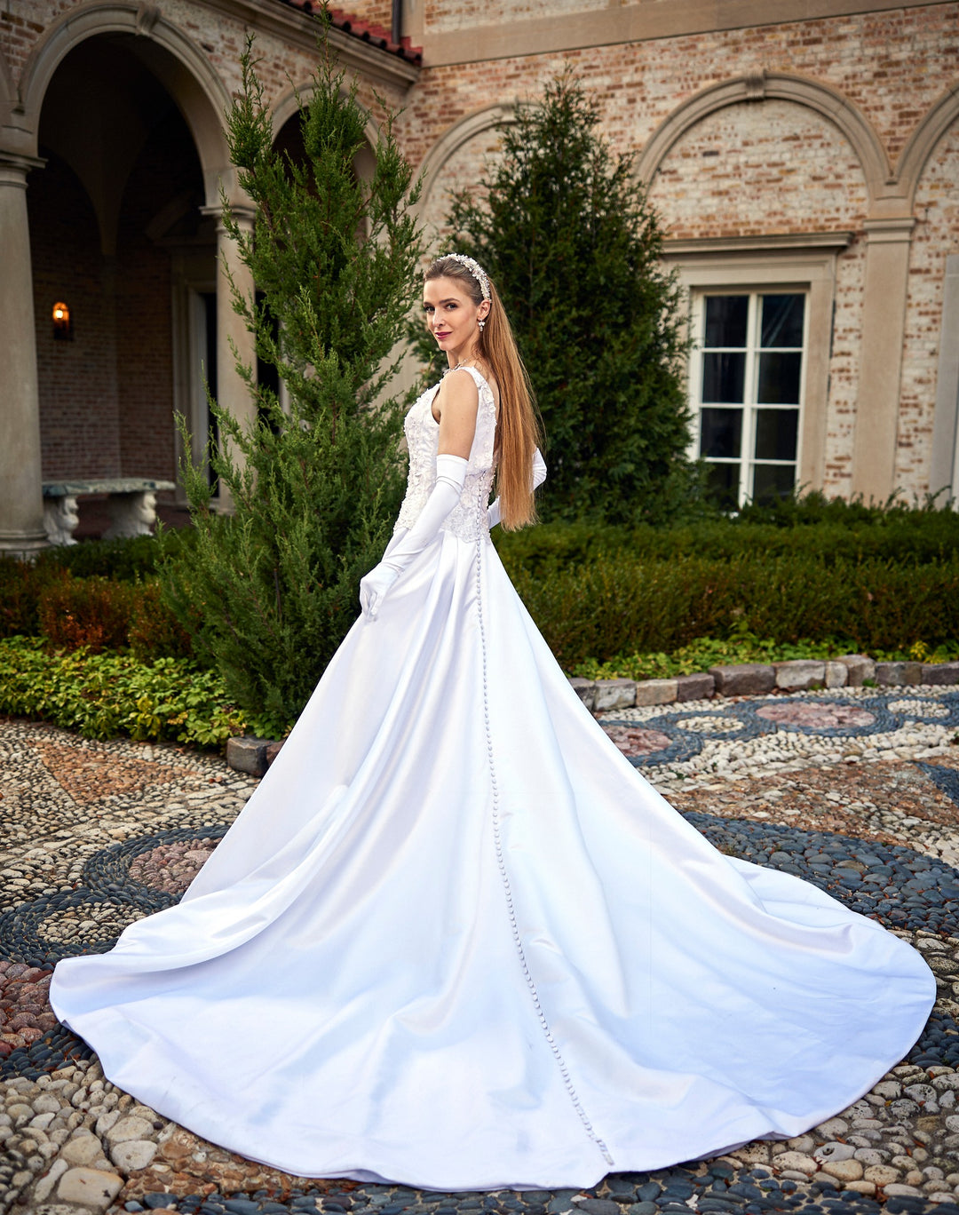 FLORINA 3D Floral Lace Plunging V-Neckline Satin Ball Bridal Gown Alesia Chaika Bridal Couture Gowns
