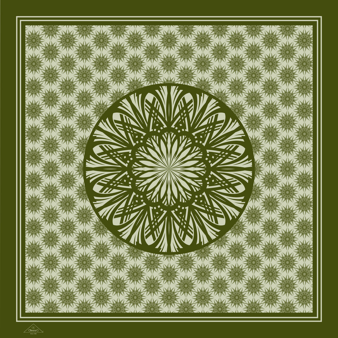 Olive Green White WISDOM Mandala Silk Pocket Square Alesia Chaika