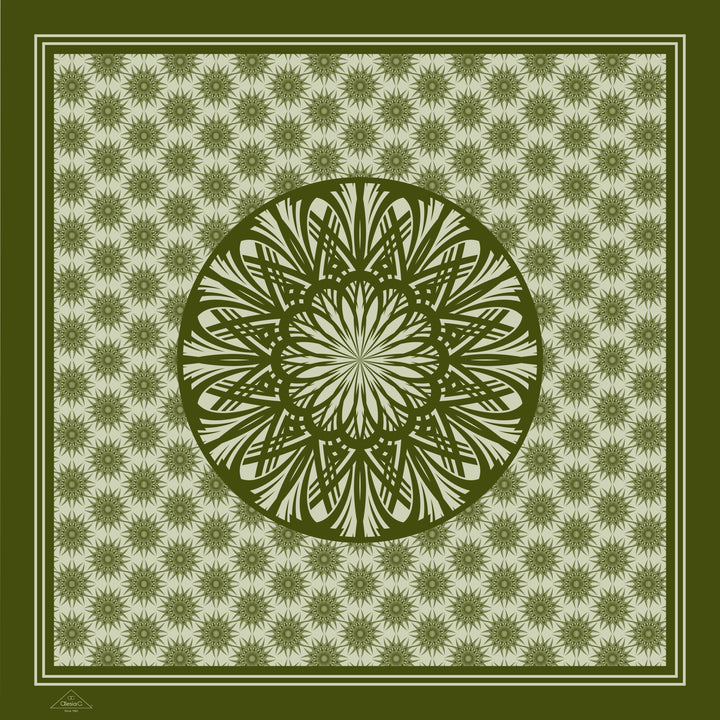 Olive Green White WISDOM Mandala Silk Pocket Square Alesia Chaika