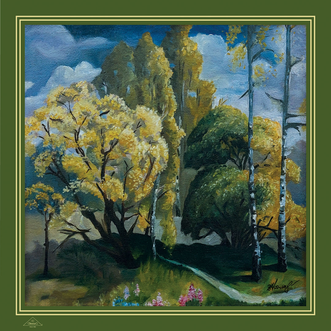 Art Gold Meadow Silk Pocket Square in Green Olive Gold by Alesia Chaika