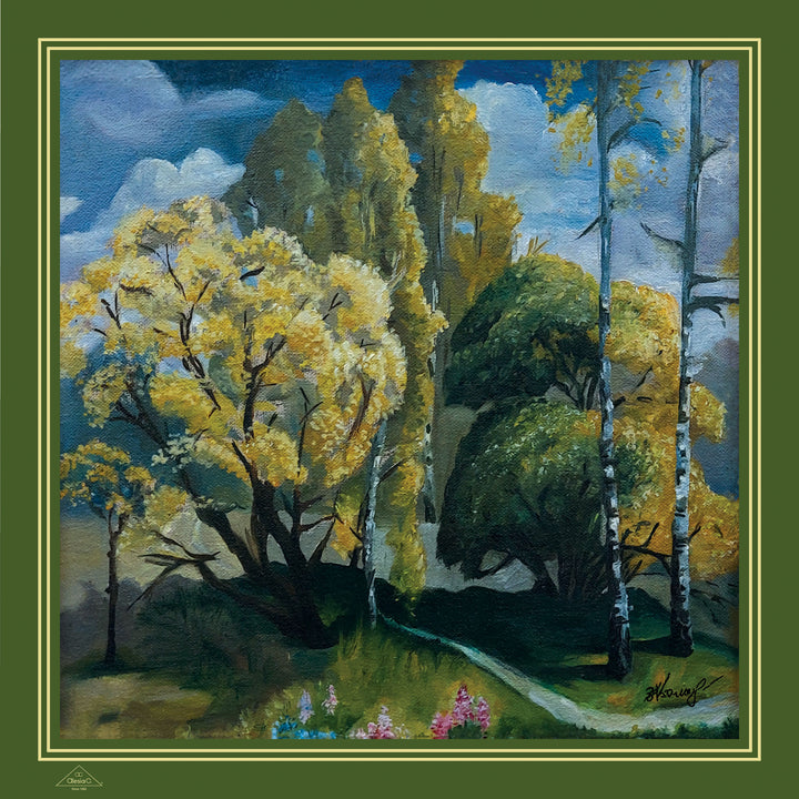 Art Gold Meadow Silk Pocket Square in Green Olive Gold by Alesia Chaika