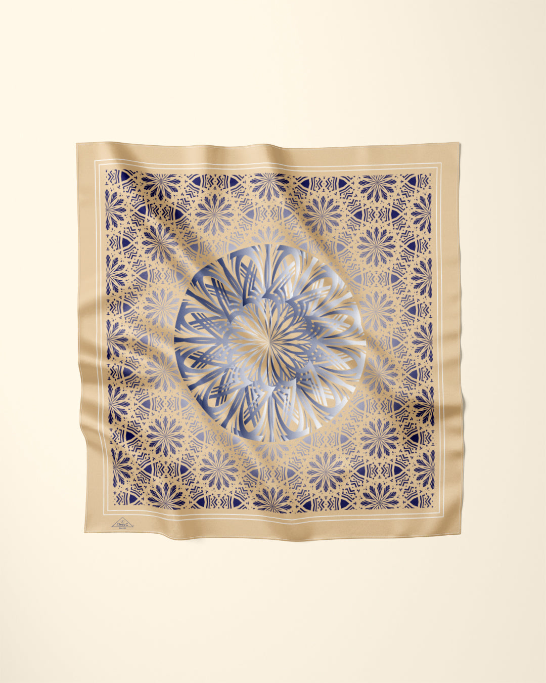 GLOWING Mandala Designer Silk Scarf in Beige and Navy Blue by Alesia Chaika