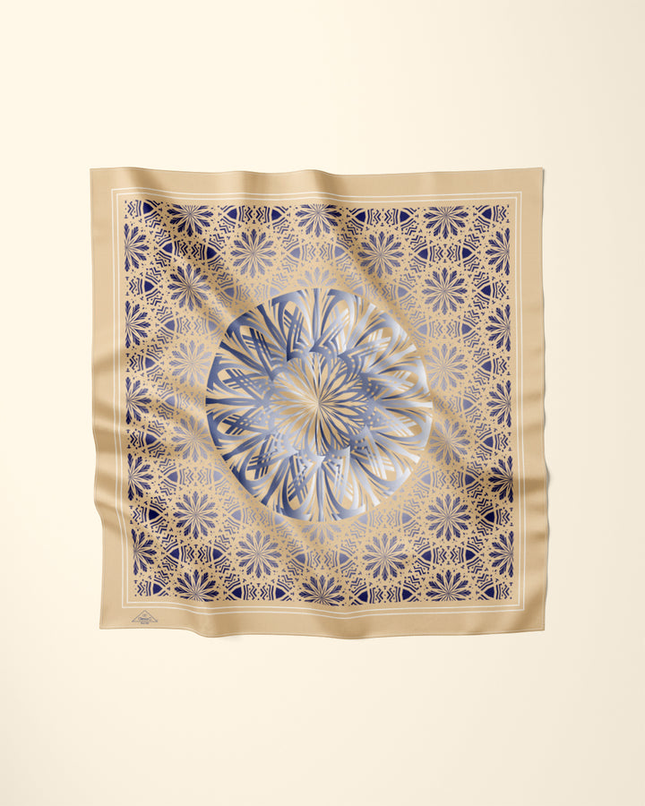 GLOWING Mandala Designer Silk Scarf in Beige and Navy Blue by Alesia Chaika
