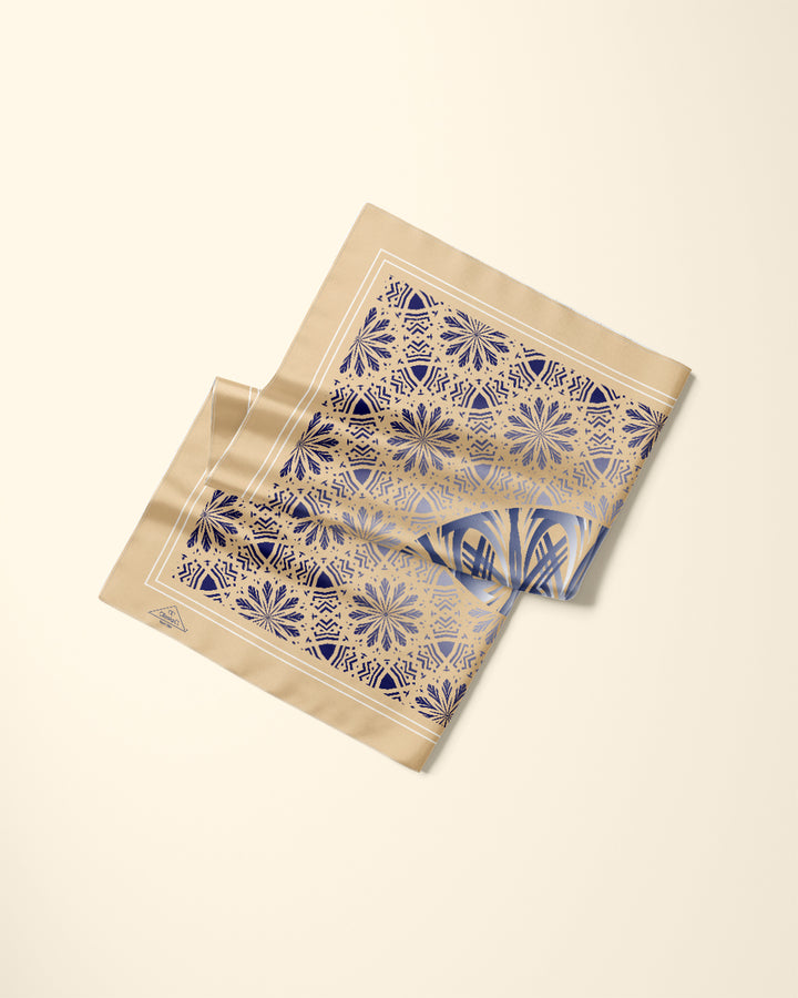 GLOWING Mandala Designer Silk Scarf in Beige and Navy Blue by Alesia Chaika