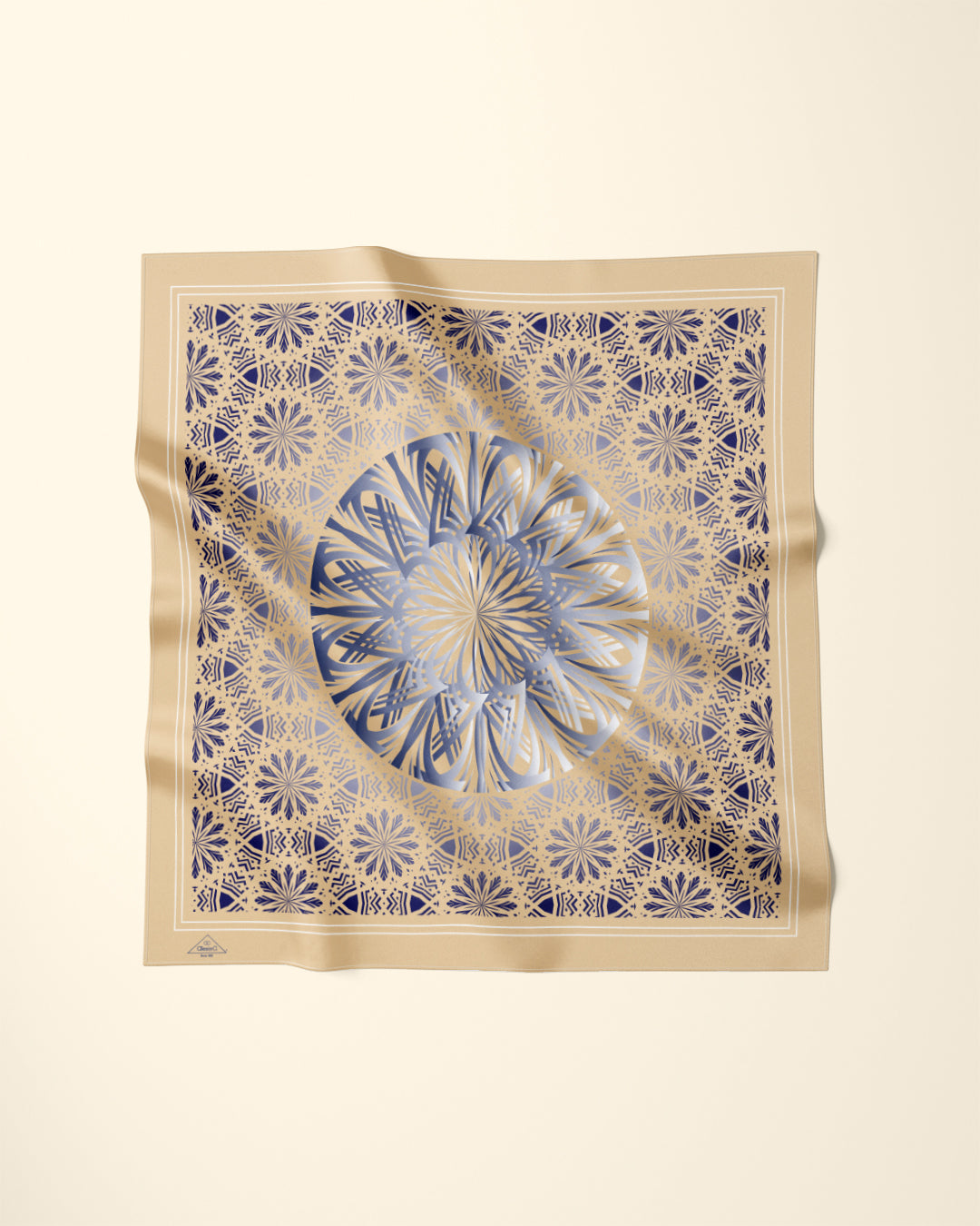 GLOWING Mandala Designer Silk Scarf in Beige and Navy Blue by Alesia Chaika