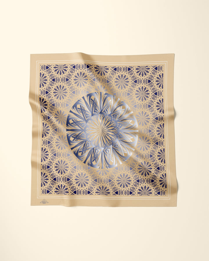 GLOWING Mandala Designer Silk Scarf in Beige and Navy Blue by Alesia Chaika