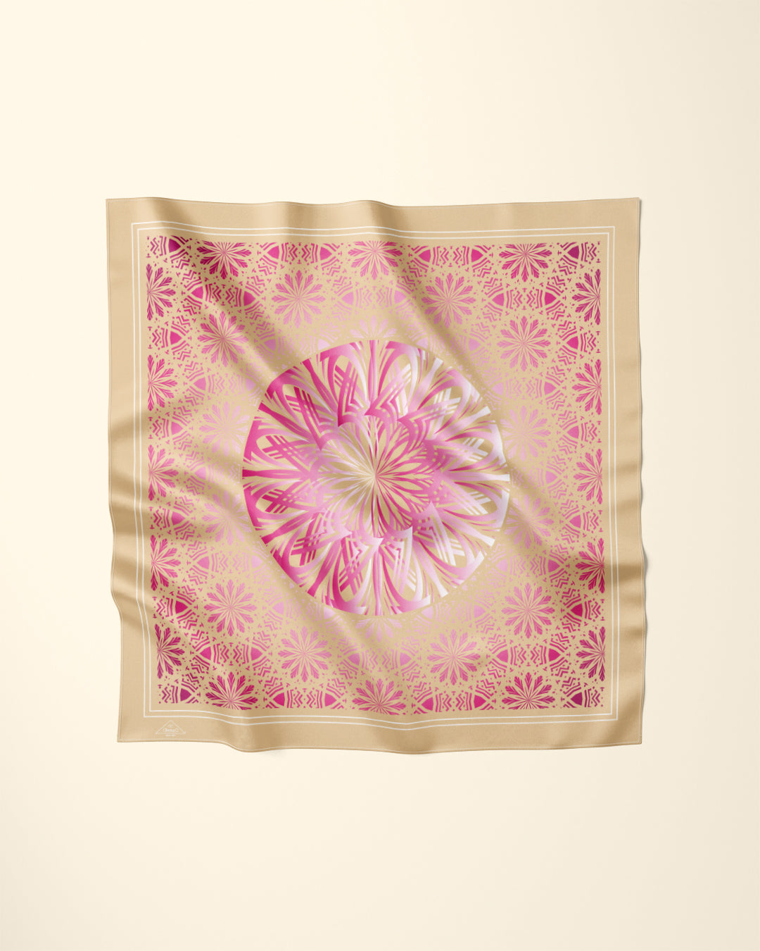 GLOWING Mandala Designer 100% Luxury Silk Scarf in Beige Pink by Alesia Chaika AlesiaC.com