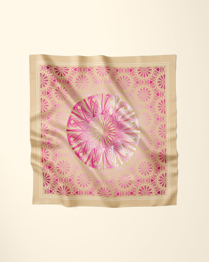 GLOWING Mandala Designer 100% Luxury Silk Scarf in Beige Pink by Alesia Chaika AlesiaC.com