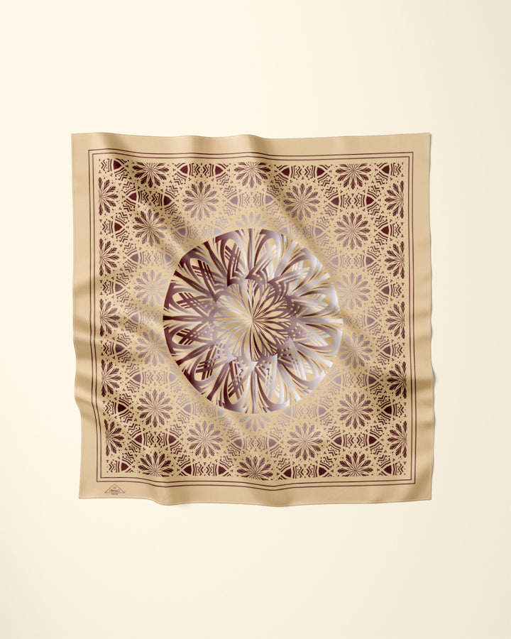 Mocha Mousse Luxury Designer Scarf GLOWING Mandala Designer 100% Silk Scarf in Mocha Brown Gold Alesia C. AlesiaC.com