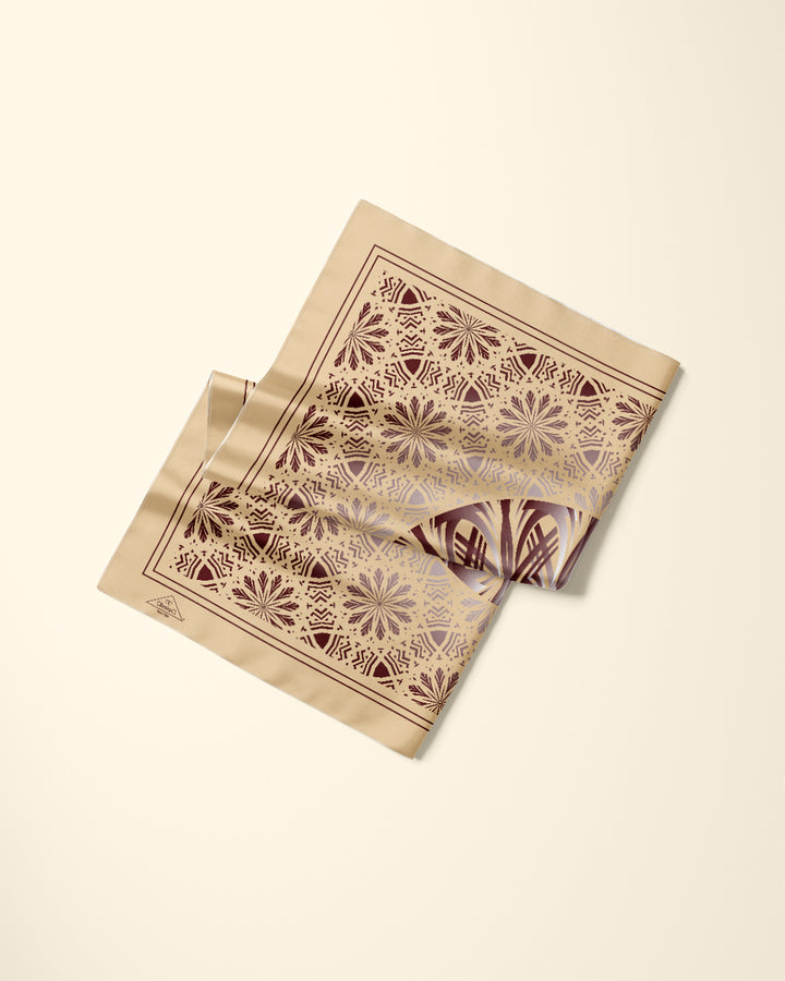 Mocha Mousse Luxury Designer Scarf GLOWING Mandala Designer 100% Silk Scarf in Mocha Brown Gold Alesia C. AlesiaC.com
