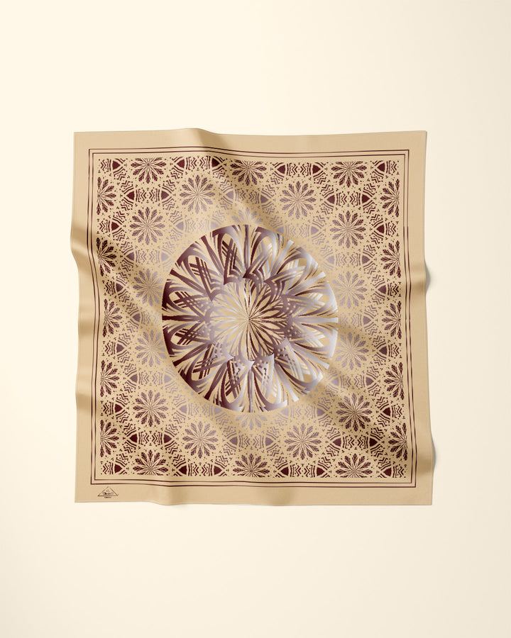 Mocha Mousse Luxury Designer Scarf GLOWING Mandala Designer 100% Silk Scarf in Mocha Brown Gold Alesia C. AlesiaC.com