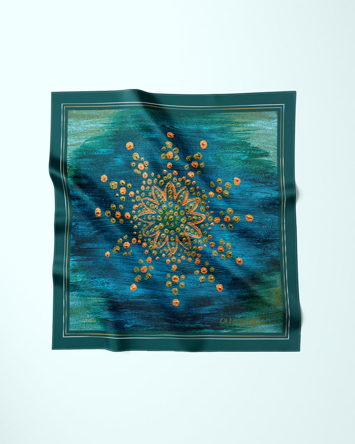 Emerald Green Gold Mandala Luxury Designer Art Silk Pocket Square by Chicago-Based Artist and Fashion Designer Alesia Chaika. AlesiaC. Art-A-Porte Collection. AlesiaC.com