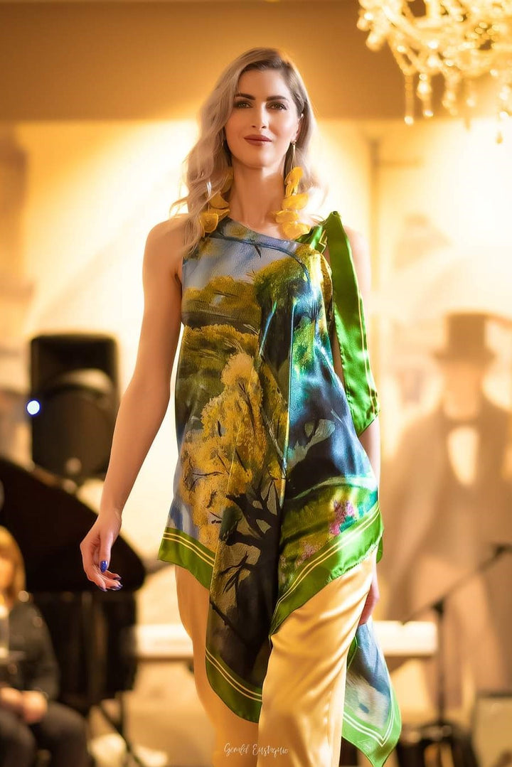 GOLD MEADOW 100% Silk Asymmetrical Midi Caftan