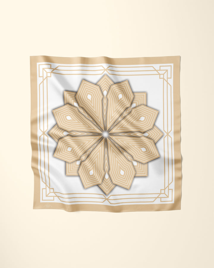 GOLD WHITE SUMATRA Mandala Designer Silk Scarf by Alesia Chaika