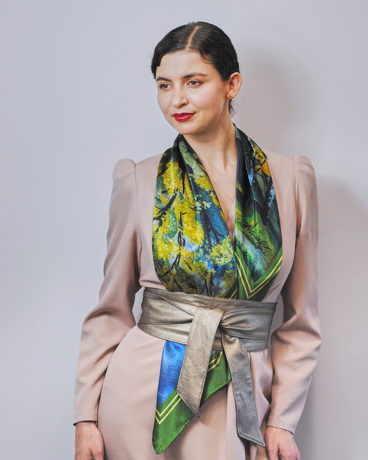 GOLD MEADOW Art-A-Porte Designer 100% Silk Square Scarf in Green Yellow AlesiaC.com