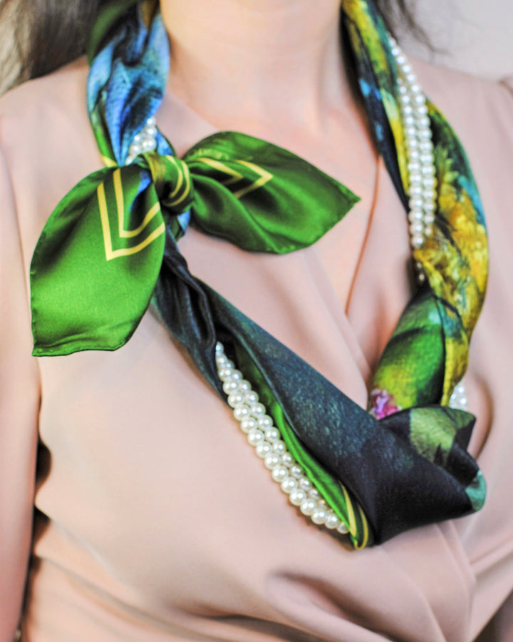 GOLD MEADOW Art-A-Porte Designer 100% Silk Square Scarf in Green Yellow AlesiaC.com