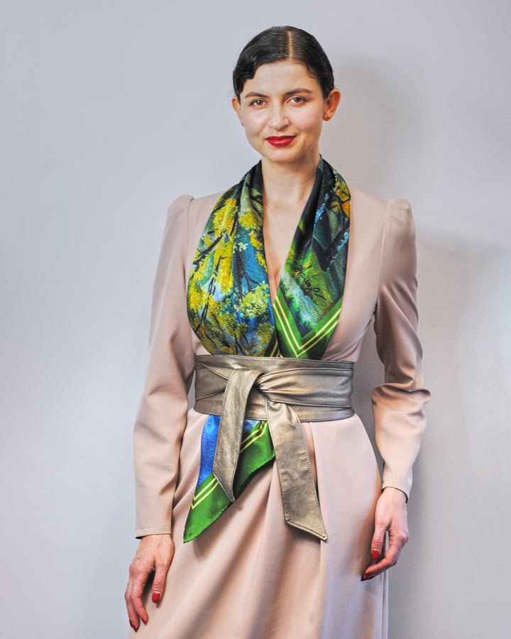 GOLD MEADOW Art-A-Porte Designer 100% Silk Square Scarf in Green Yellow AlesiaC.com