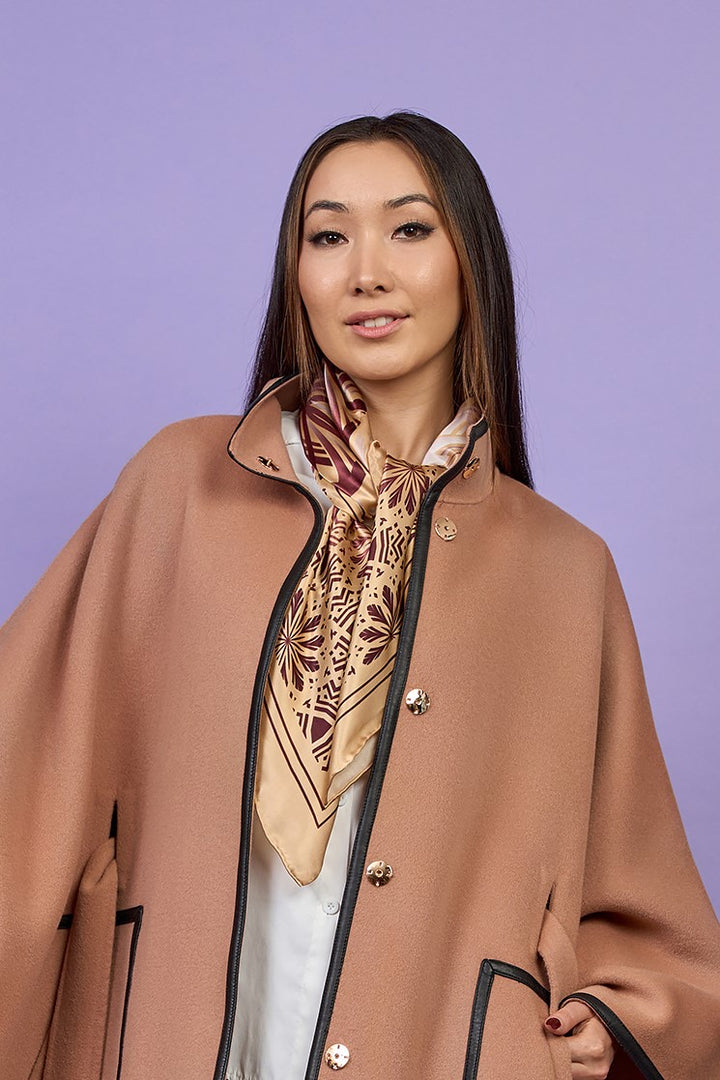 Mocha Mousse Designer Coat Belted Cape Coat in Virgin Wool Cashmere With Black Leather Trim in Lake Forest Shop, Illinois, USA fashion designer Alesia C. boutique AlesiaC,com