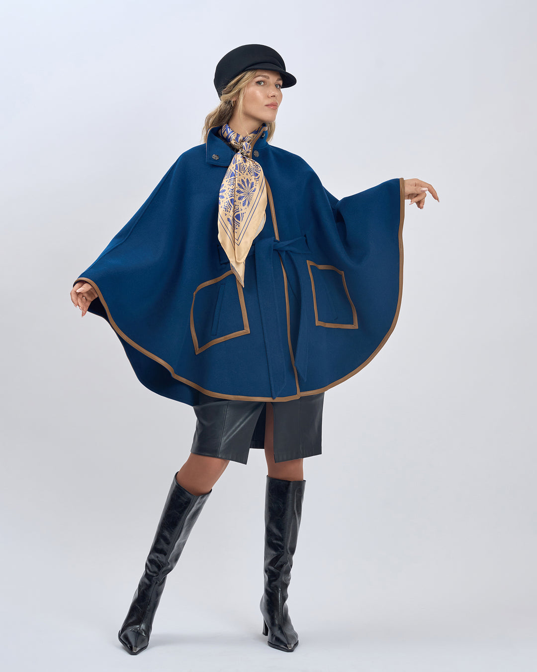 SERENITY Mandala Designer Silk Scarf – Gold Navy Blue – Hand-Rolled Edges – Multiple Sizes