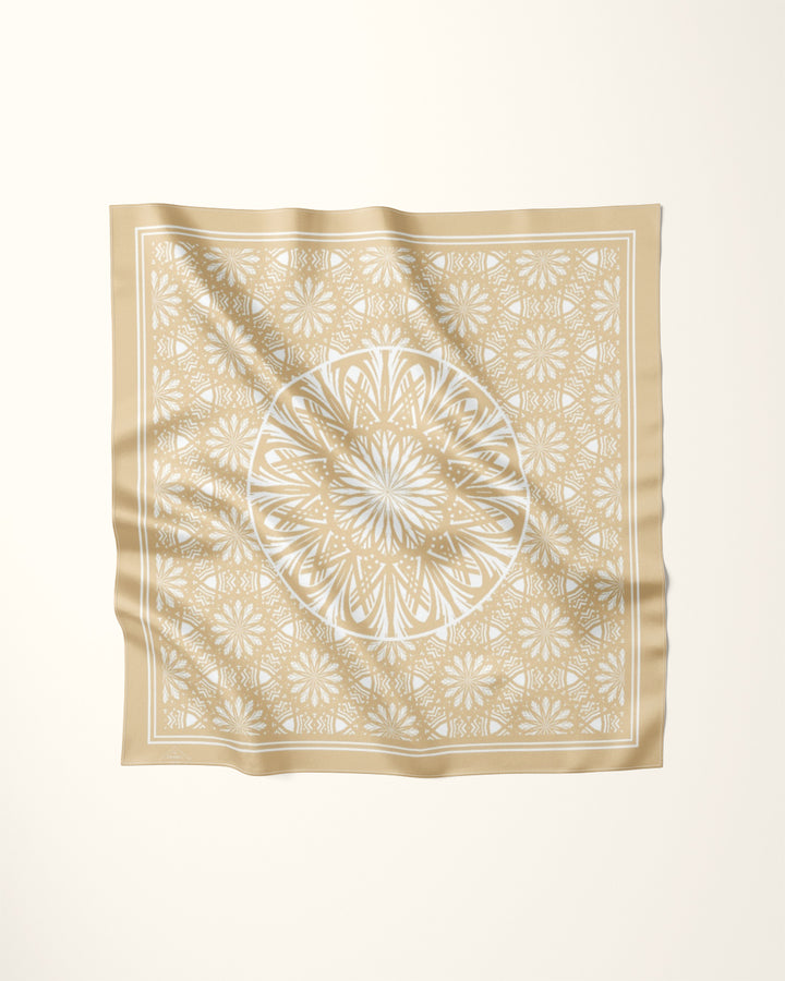 SERENITY Mandala Designer Silk Square Scarf – Beige White – Hand-Rolled Edges – Multiple Sizes