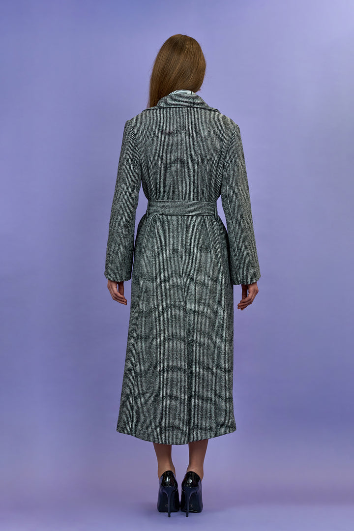 COUTURE LUREX Tweed Grey Black Belted Long Tailored Coat