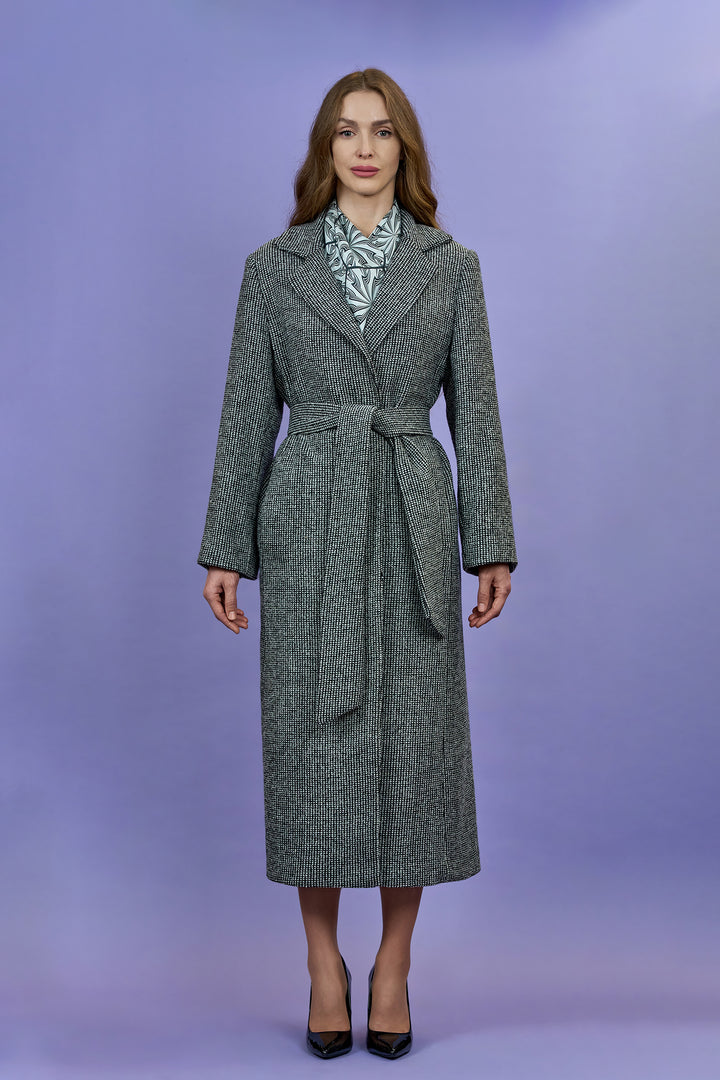 COUTURE LUREX Tweed Grey Black Belted Long Tailored Coat