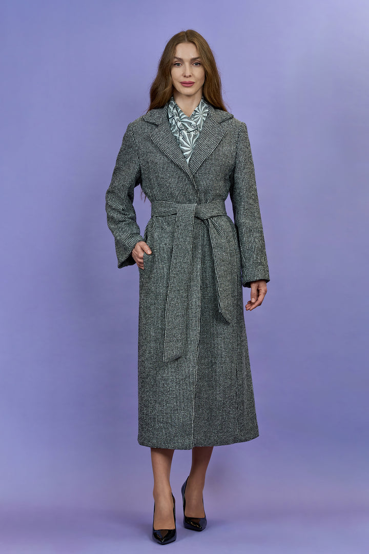 COUTURE LUREX Tweed Grey Black Belted Long Tailored Coat