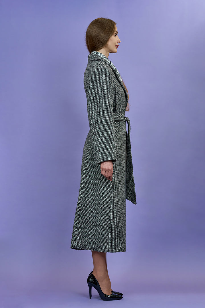 COUTURE LUREX Tweed Grey Black Belted Long Tailored Coat
