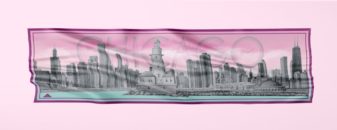 Chicago Harbor Lighthouse Skyline Mulberry Silk Charmeuse Rectangle Scarf – Blue and Pink