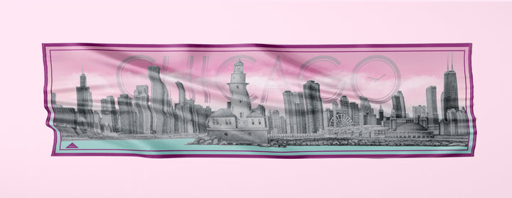 Chicago Harbor Lighthouse Skyline Mulberry Silk Charmeuse Rectangle Scarf – Blue and Pink