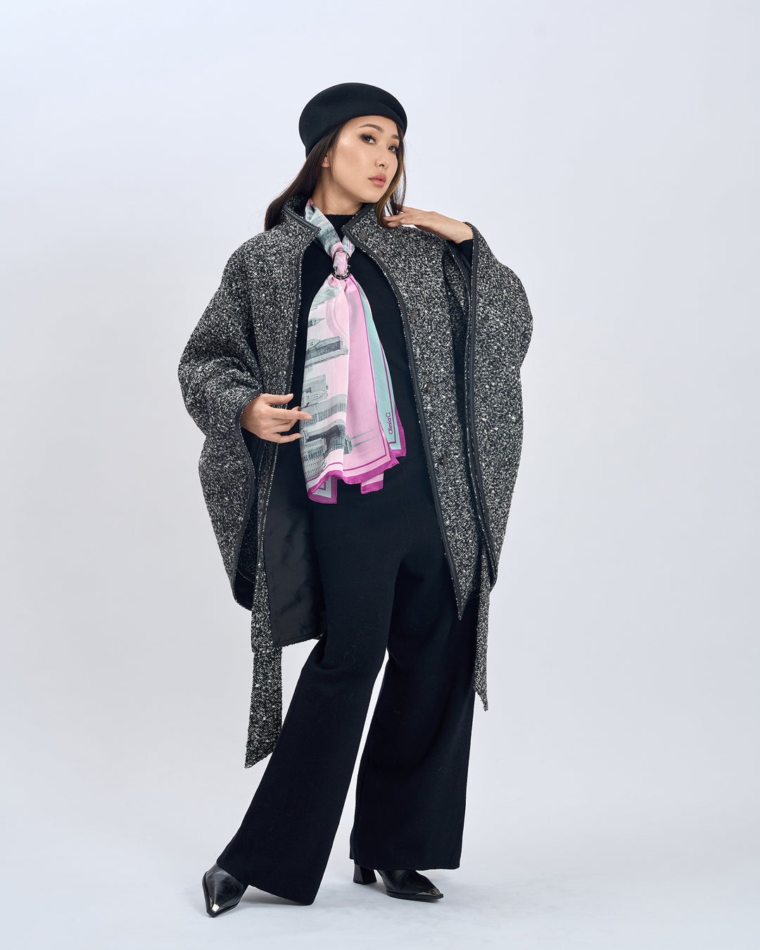 Chicago Harbor Lighthouse Skyline Mulberry Silk Charmeuse Rectangle Scarf – Blue and Pink