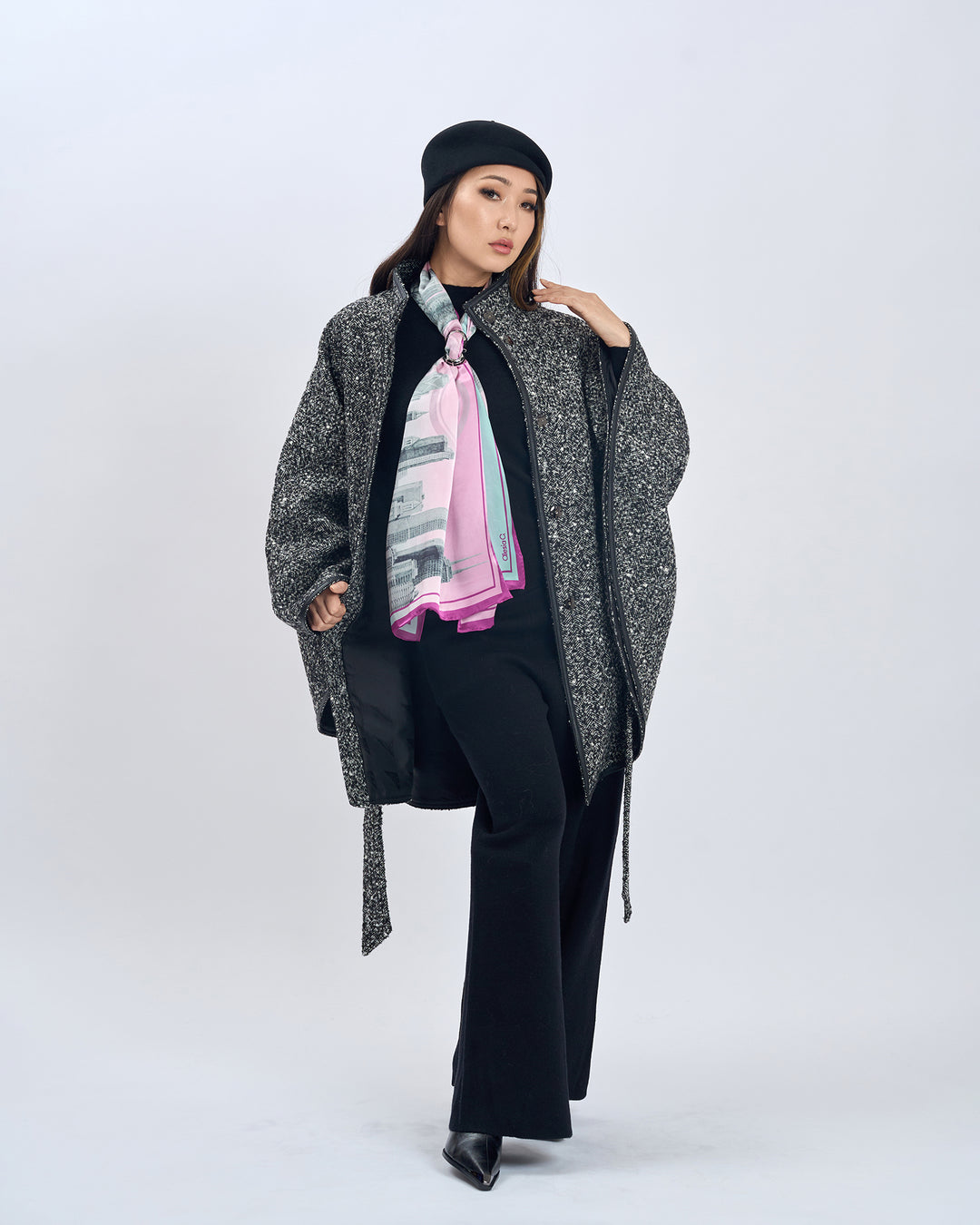 Chicago Harbor Lighthouse Skyline Mulberry Silk Charmeuse Rectangle Scarf – Blue and Pink