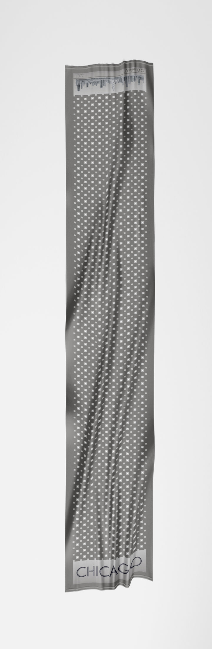 Chicago Harbor Lighthouse Skyline Double-Sided Silk Scarf – Long Rectangle – Gray and White