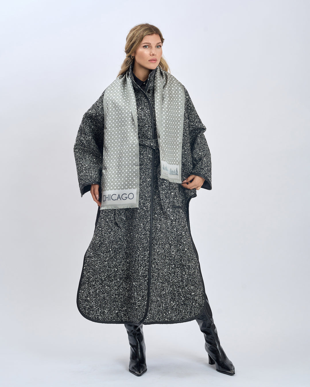 Luxury Designer Gray White Chicago Skyline Art Double Silk Long Pure Silk Scarf With Fringes Styled With Herringbone Boucle Wool SWAN Cape Long Coat and Black High Boots by Alesia Chaika AlesiaC.com