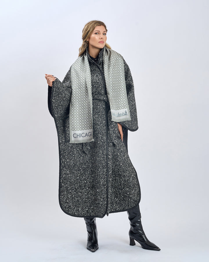 Luxury Designer Gray White Chicago Skyline Art Double Silk Long Pure Silk Scarf With Fringes Styled With Herringbone Boucle Wool SWAN Cape Long Coat and Black High Boots by Alesia Chaika AlesiaC.com