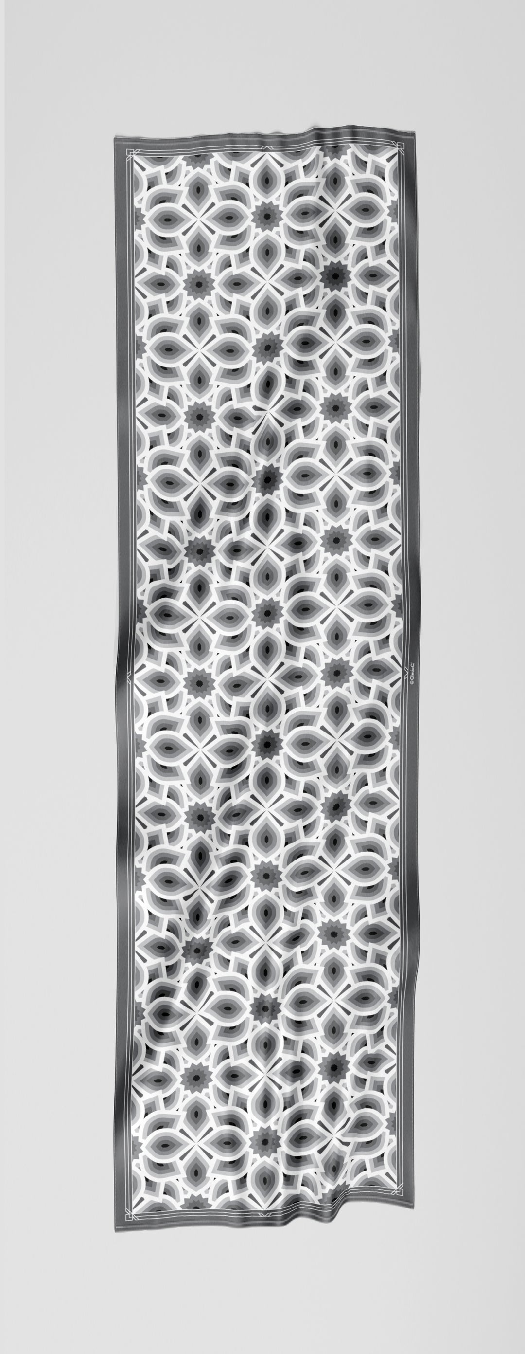 Gray Black and White LOTUS Print Long Silk Scarf Styled Around Neck and Scarf Ring With Cream Button Down Crepe V-Neckline Standing Collar Coat Dress by Alesia Chaika AlesiaC.com 