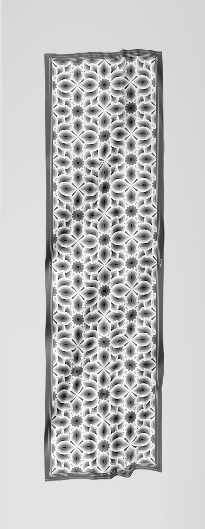 Gray Black and White LOTUS Print Long Silk Scarf Styled Around Neck and Scarf Ring With Cream Button Down Crepe V-Neckline Standing Collar Coat Dress by Alesia Chaika AlesiaC.com 