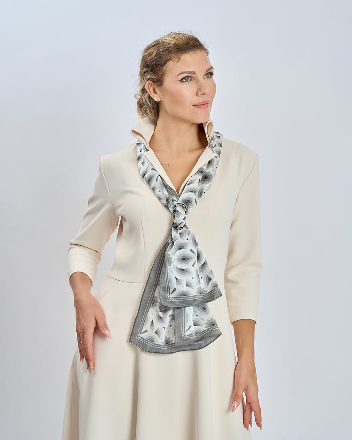 Gray Black and White LOTUS Print Long Silk Scarf Styled Around Neck and Scarf Ring With Crepe V-Neckline Standing Collar Coat Dress by Alesia Chaika AlesiaC.com 